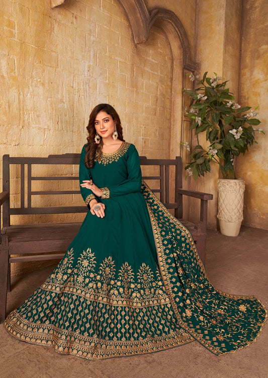 Teal green wedding wear Anarkali gown online shopping