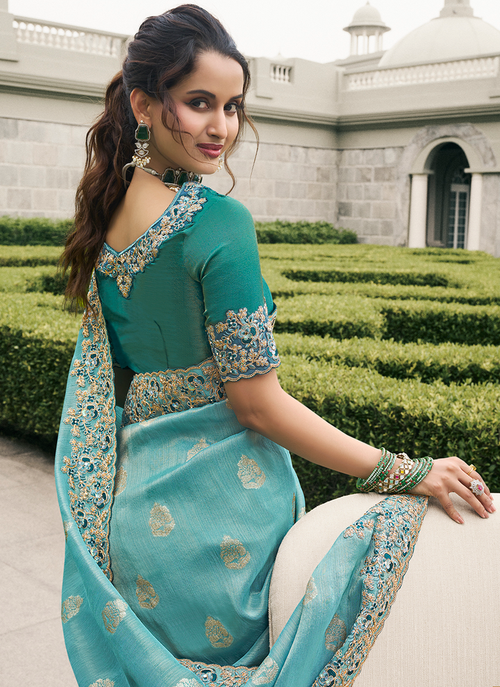 Rama color tissue silk saree for women online with price