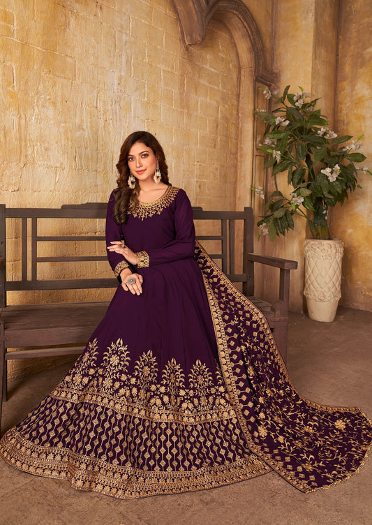 Wine color georgette anarkali gown with dupatta images