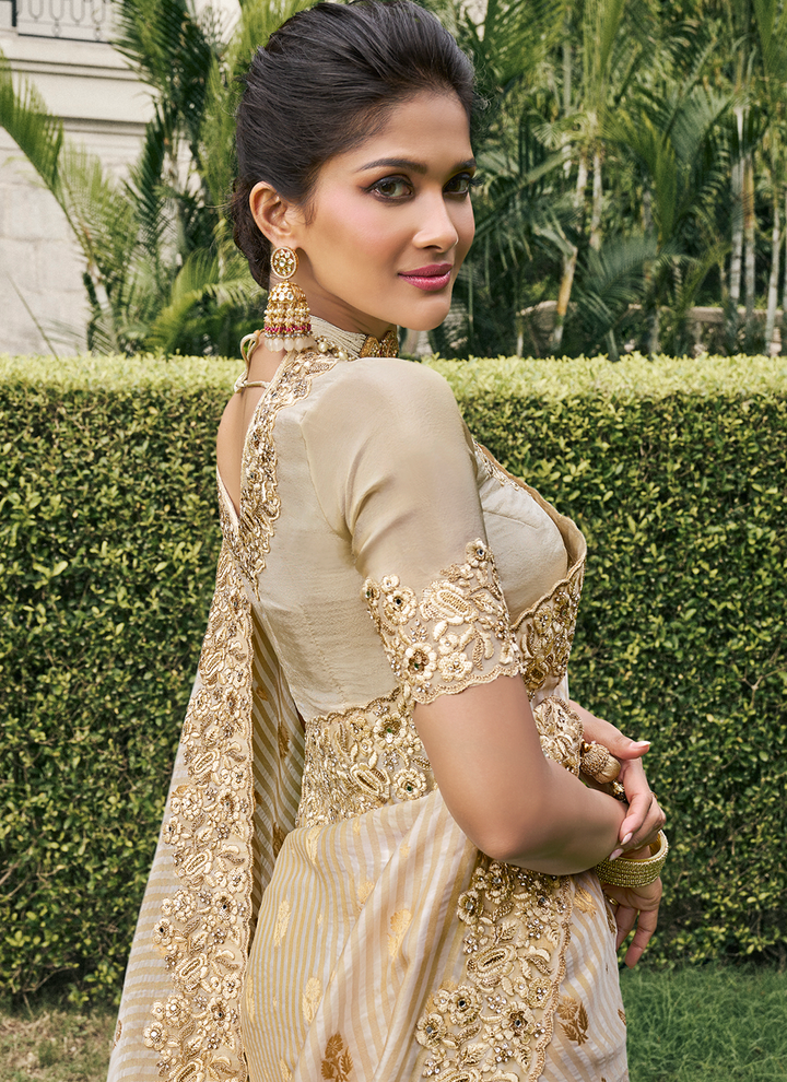 Beige color tissue silk saree for women online shopping
