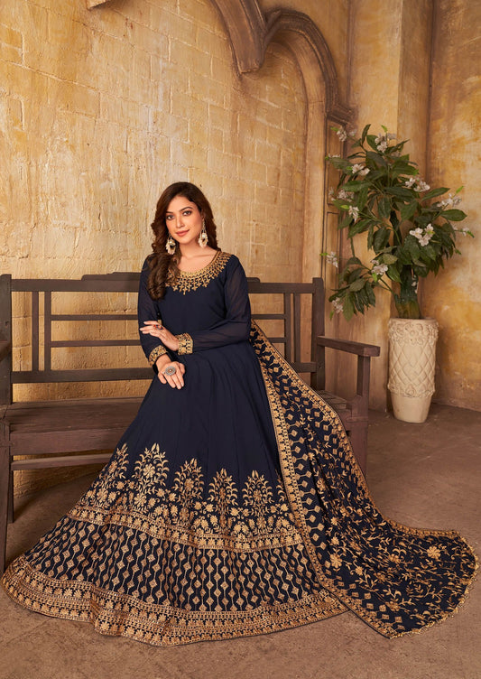Navy blue color georgette fancy gown for wedding images