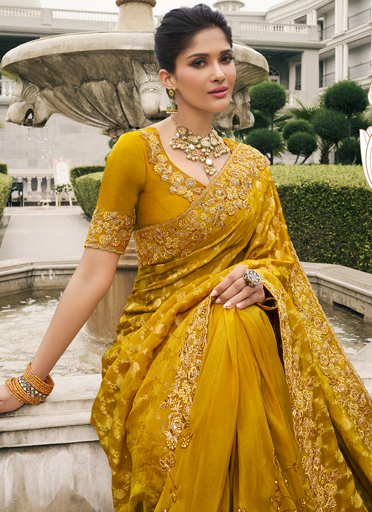 Mustard Color Designer Tissue Silk Haldi Ceremonies Saree With Blouse