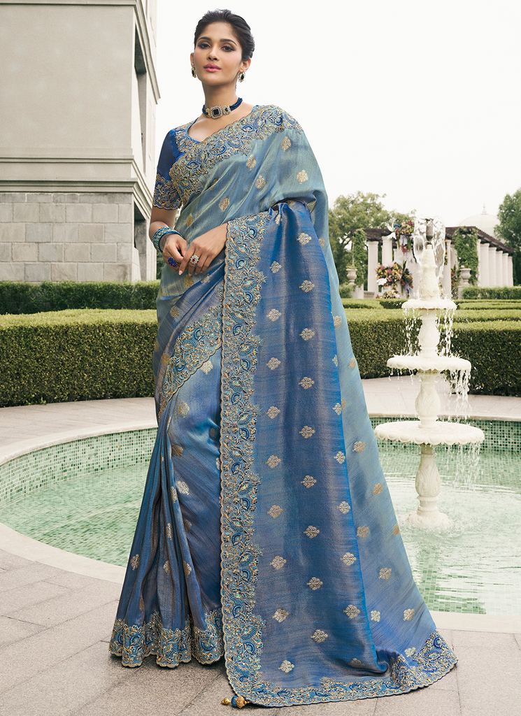 Pure blue color tissue silk saree for women