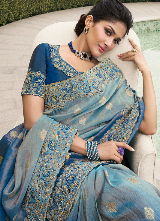 Dark blue color tissue silk saree for women