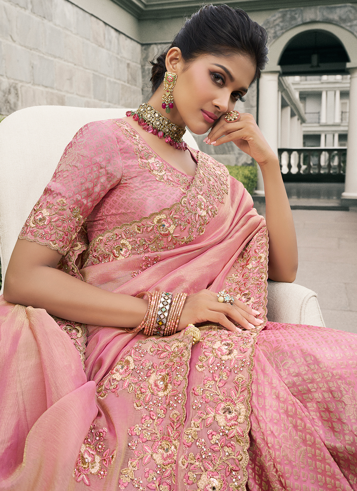 Pink color tissue silk saree for women price