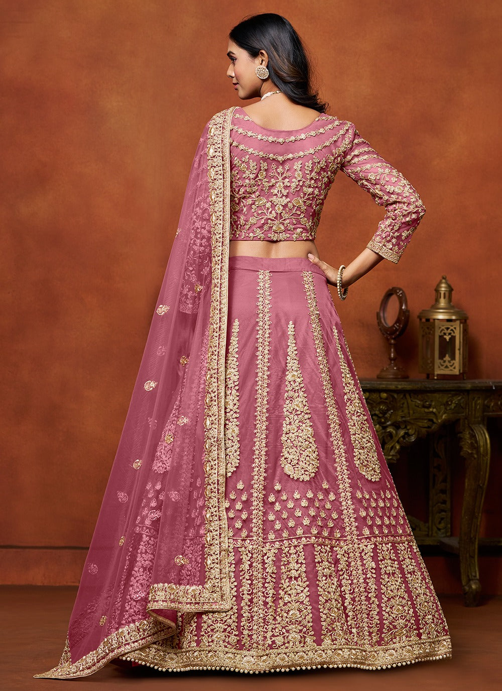 Pink color net lehenga choli for wedding