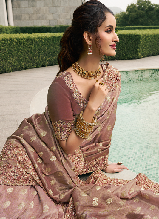 Brown Tissue Silk embroidery work Saree for wedding