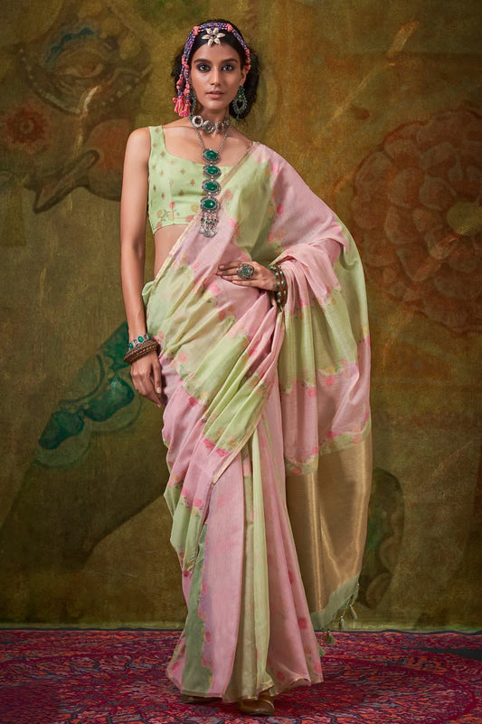 Green color handloom saree with blouse online