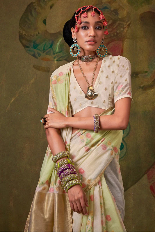 White color handloom weaving saree with blouse online