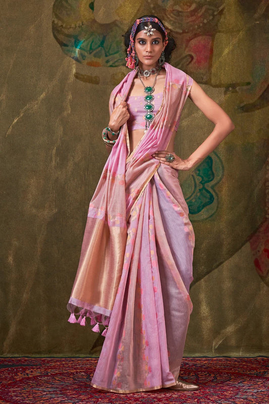 Pink color handloom weaving saree with blouse