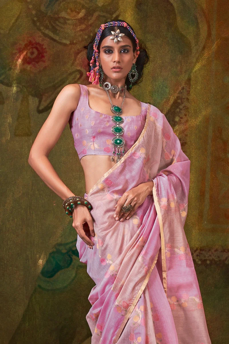Pink color handloom weaving saree with blouse online
