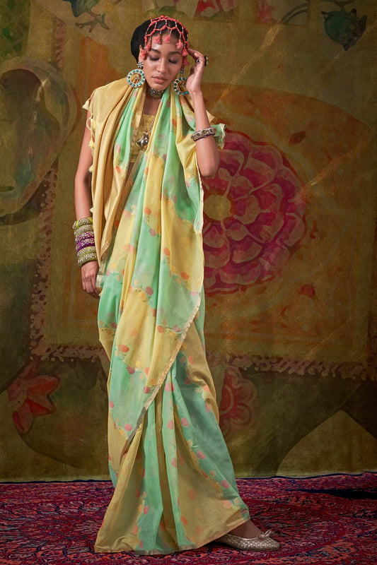 Green color handloom saree with blouse online
