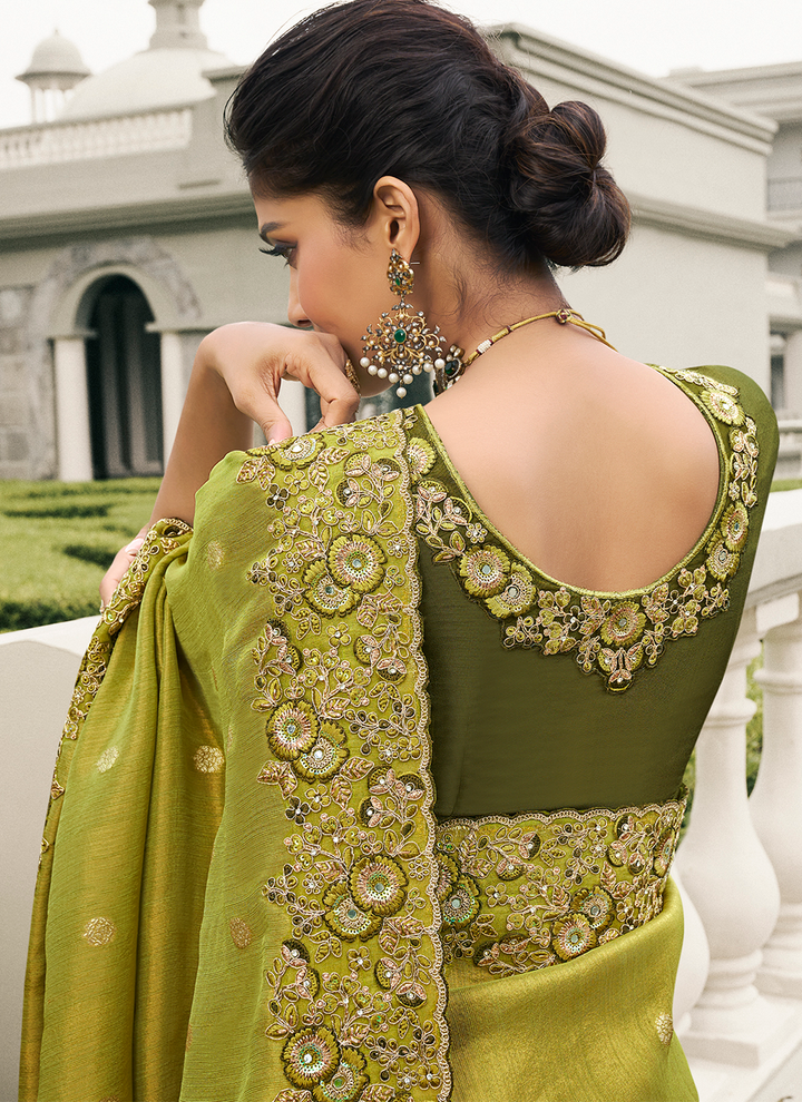 Heavy mehndi tissue silk saree for women