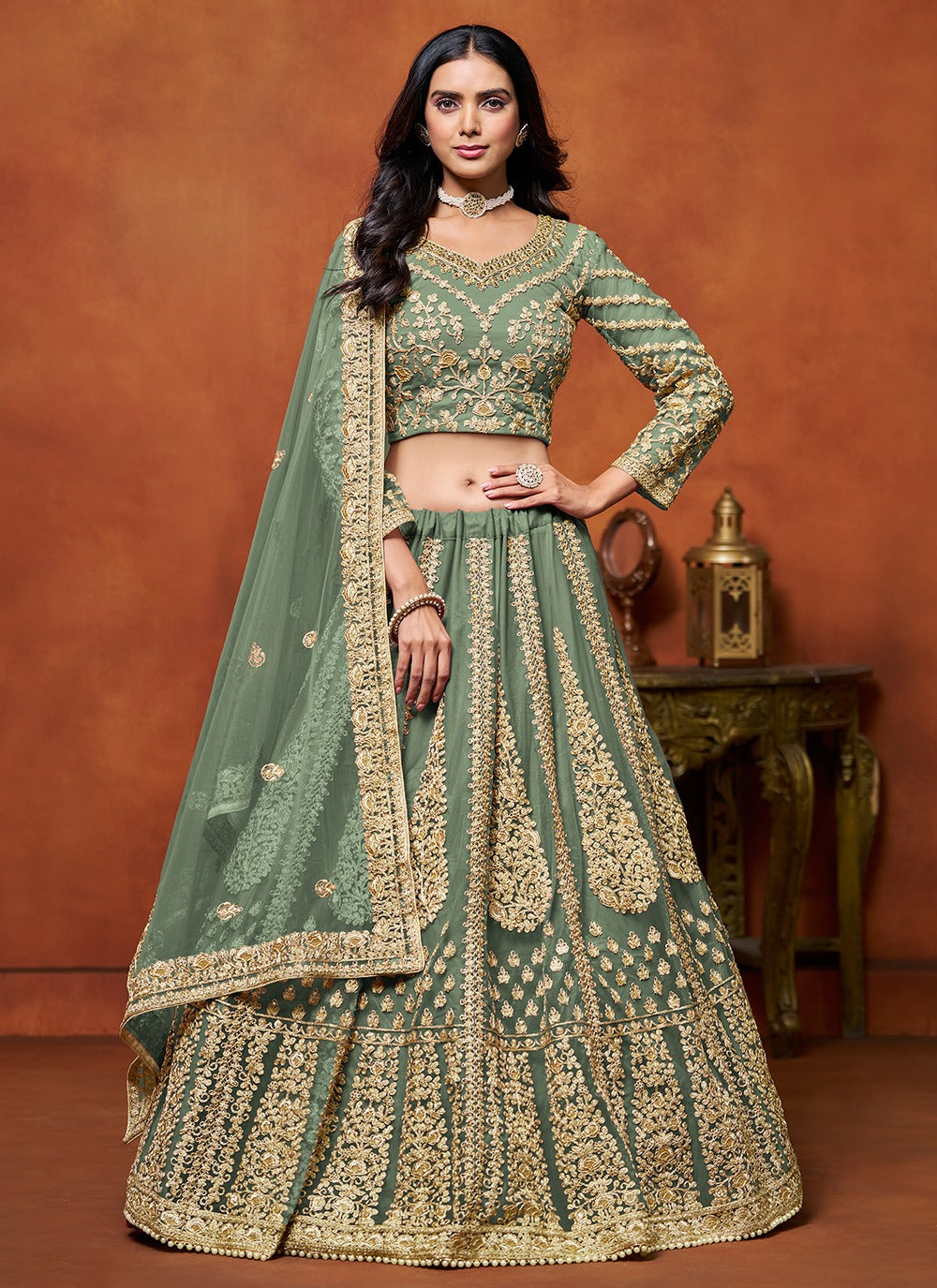Light green color net lehenga choli for women
