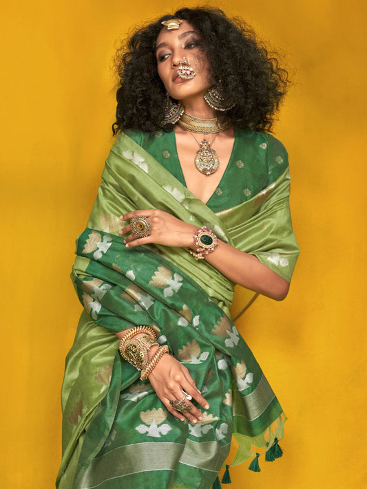 Green color tussar silk saree for women online shopping