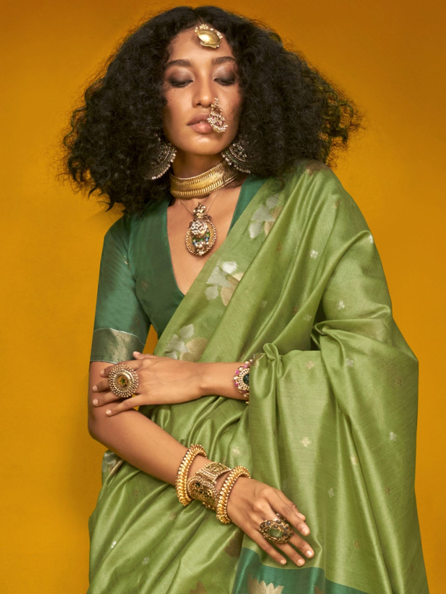 Light green color tussar silk saree for women