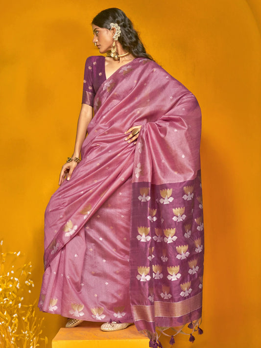 Pink color tussar silk saree for women online shopping