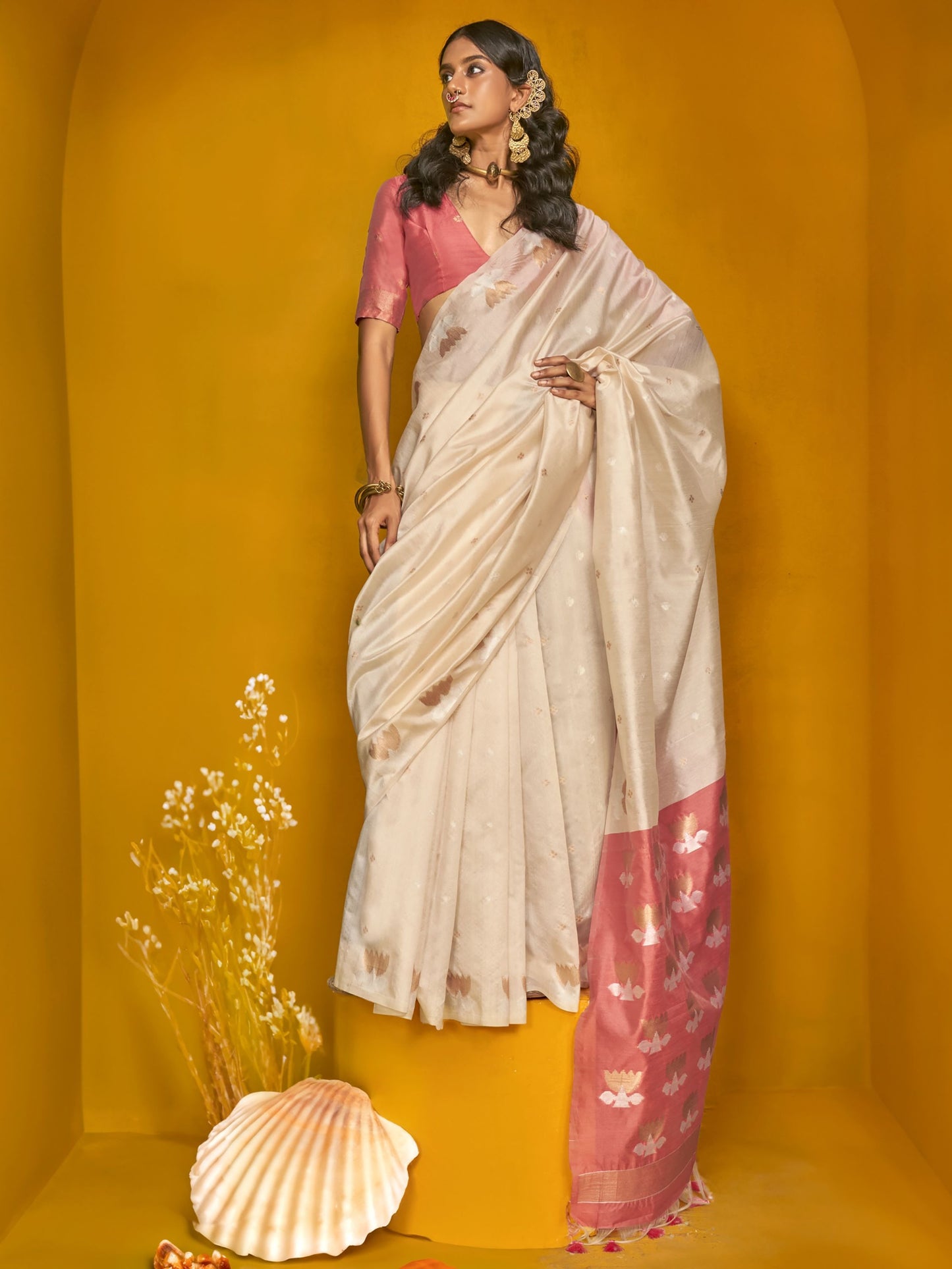 Off white color tussar silk saree for women price