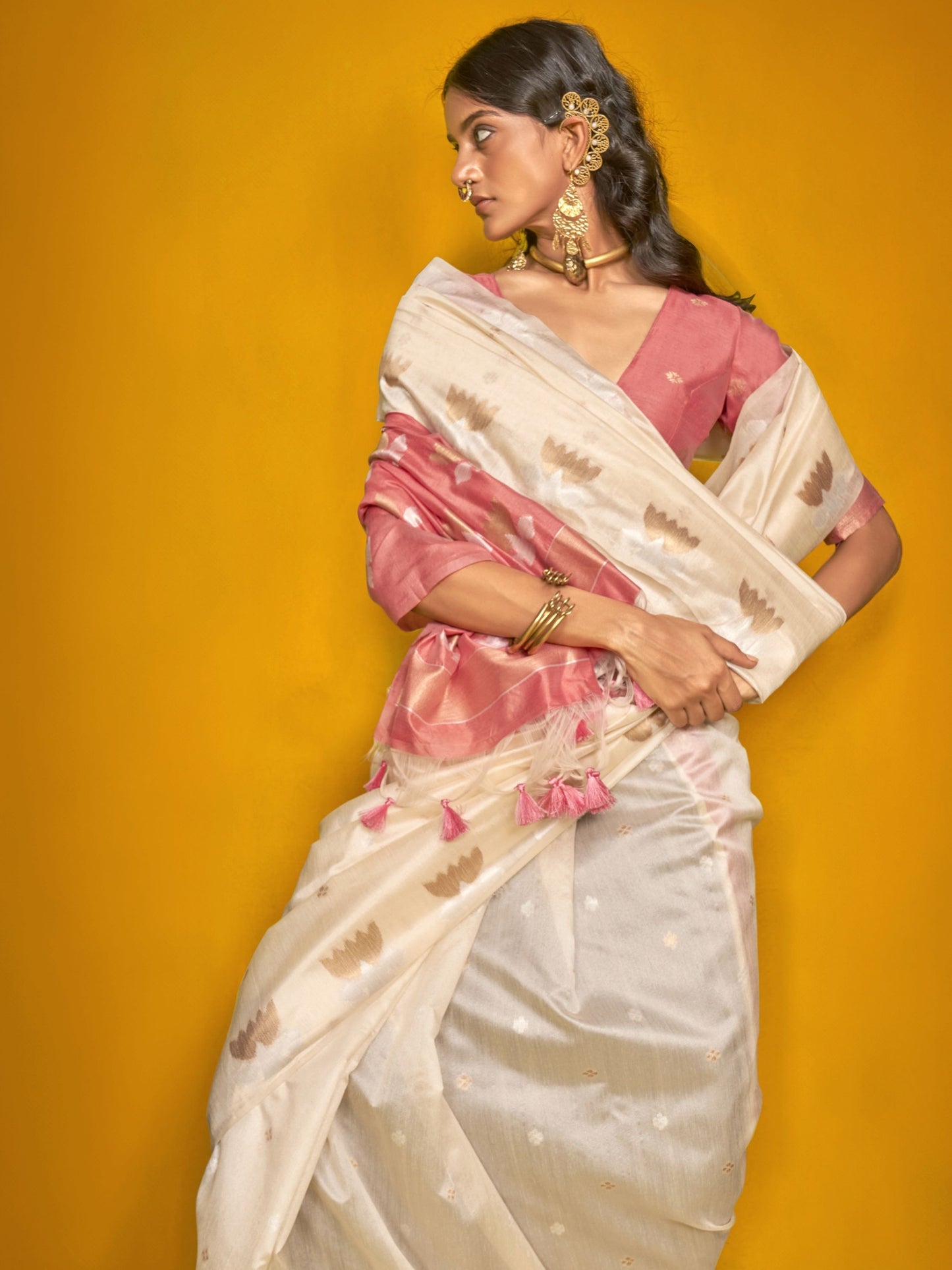 Off white color tussar silk saree for women online