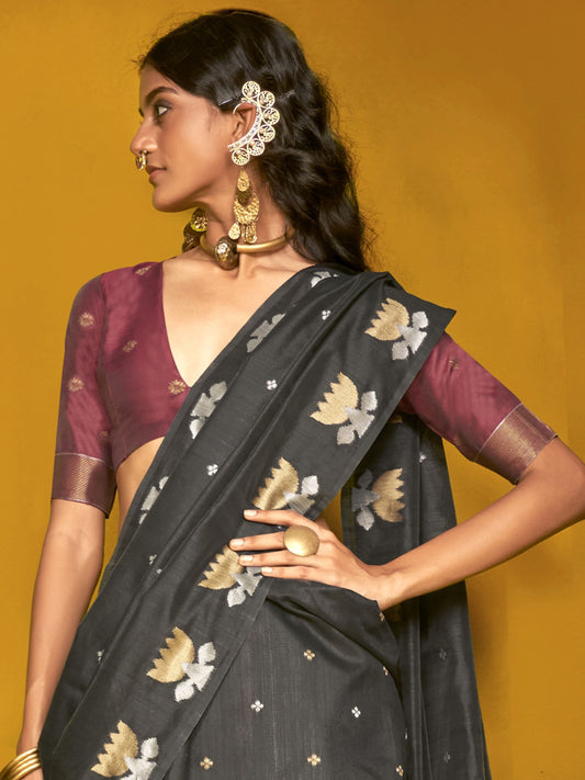 Black color tussar silk saree for wedding