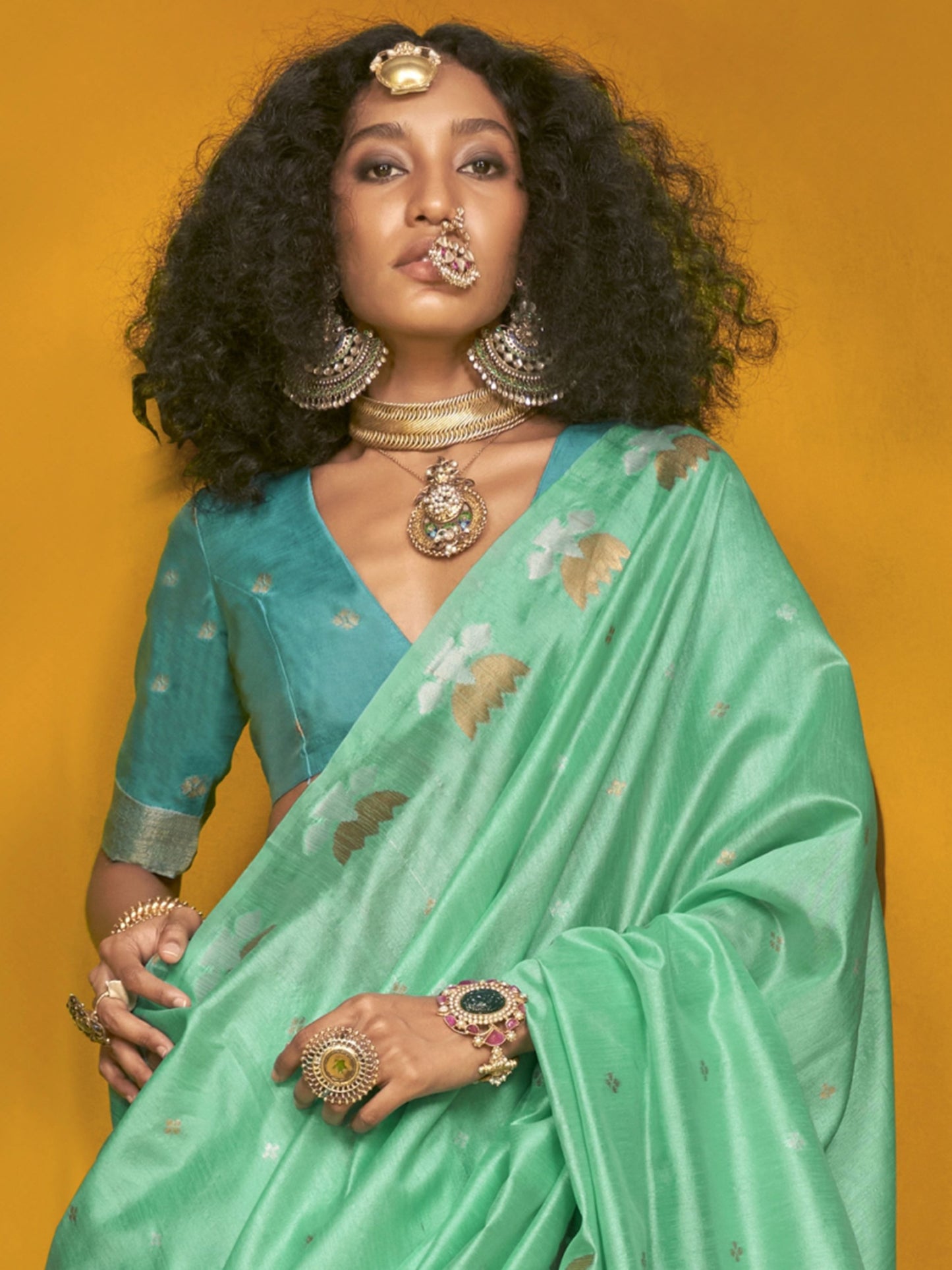 Rama color tussar silk weaving saree for wedding