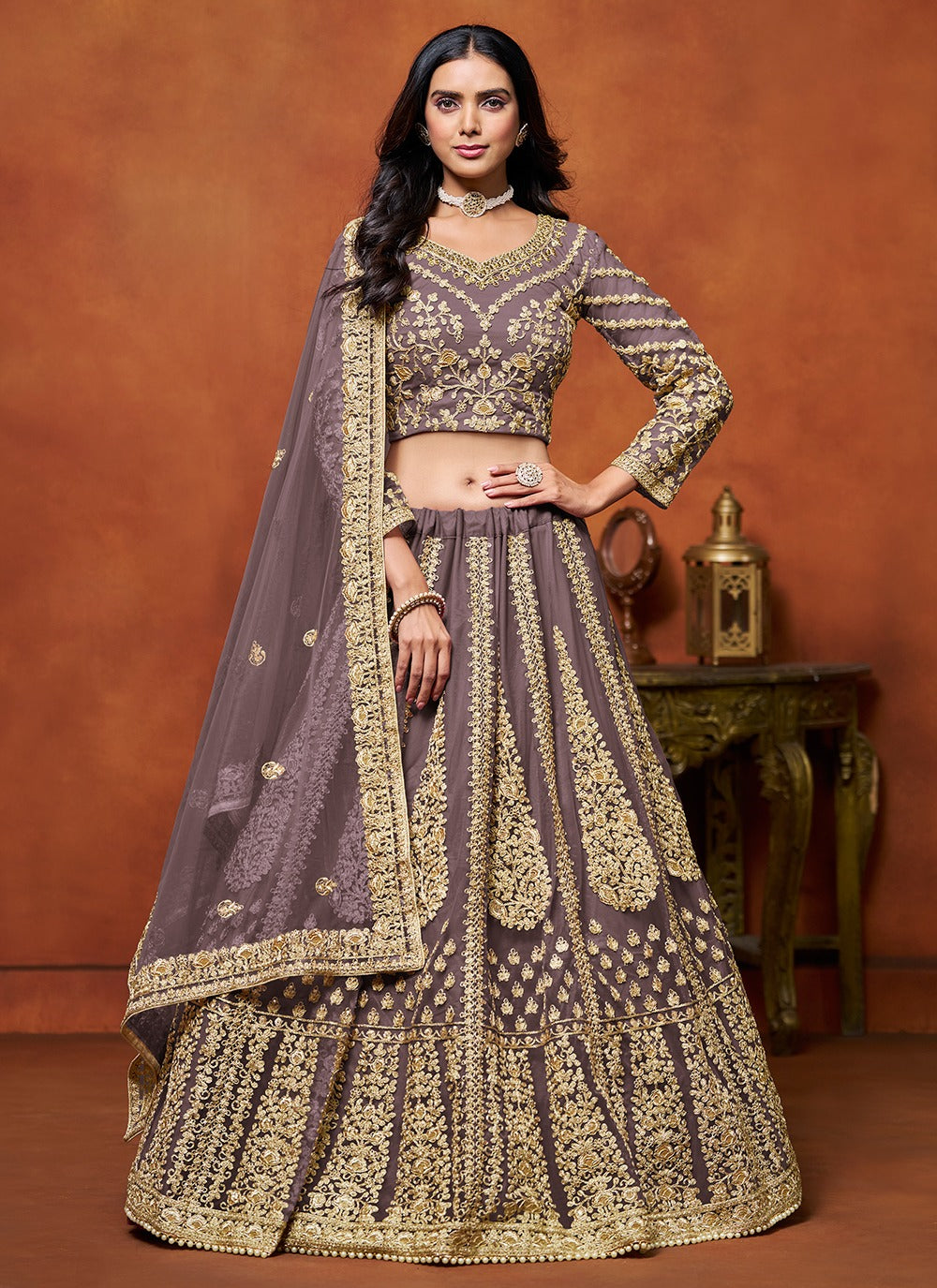 Mauve color net lehenga choli for women with price