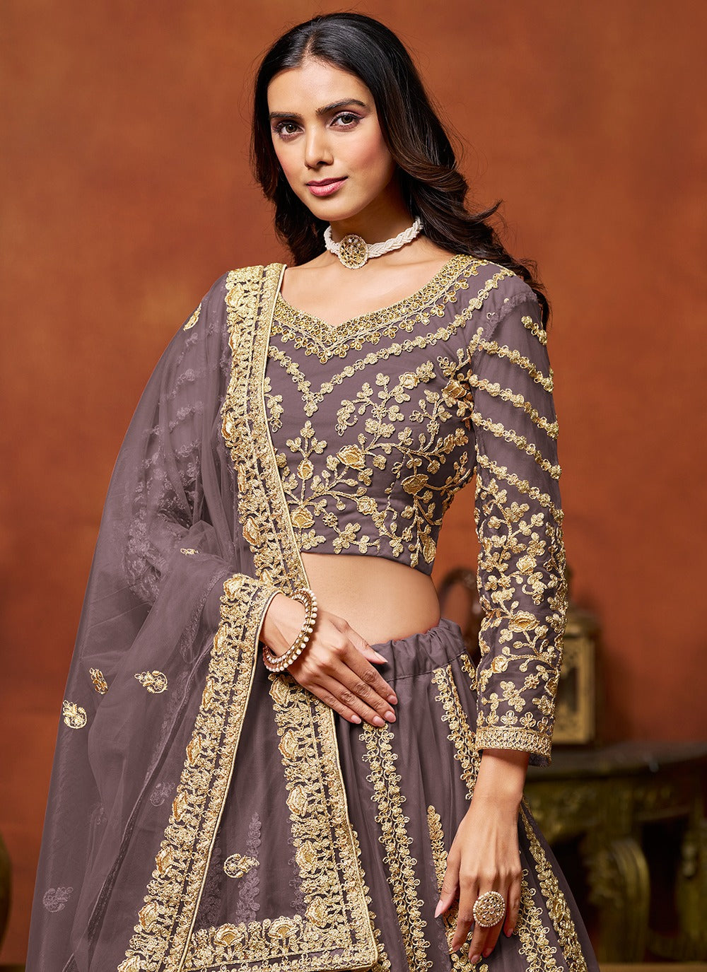 Mauve color net lehenga choli for women