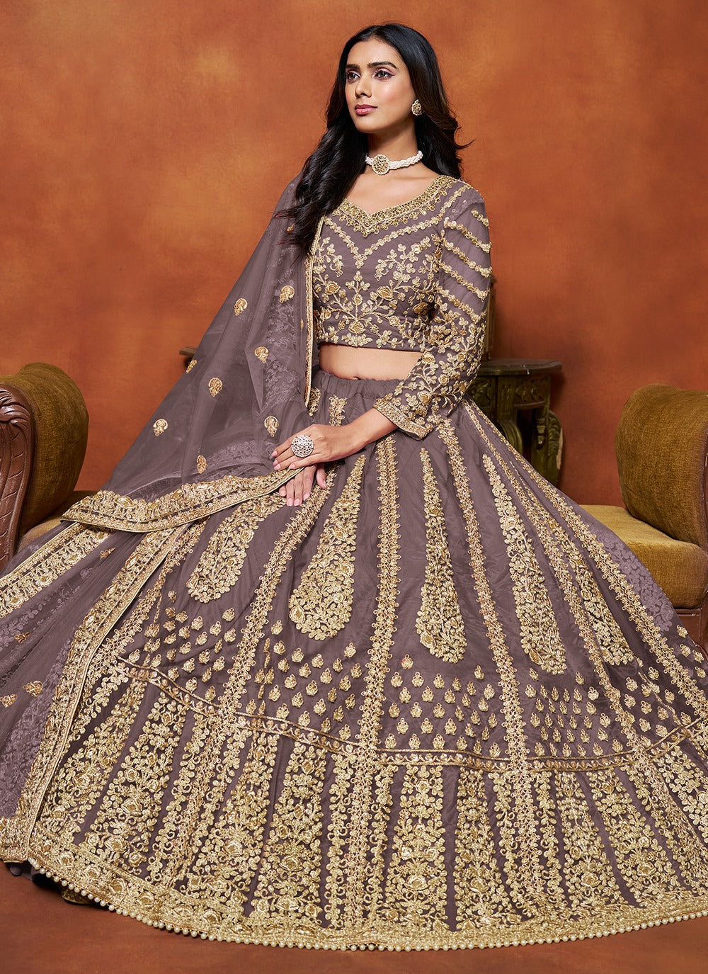 Mauve color net lehenga choli for wedding