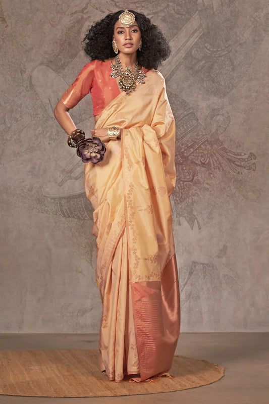 Beige color handloom silk saree for women