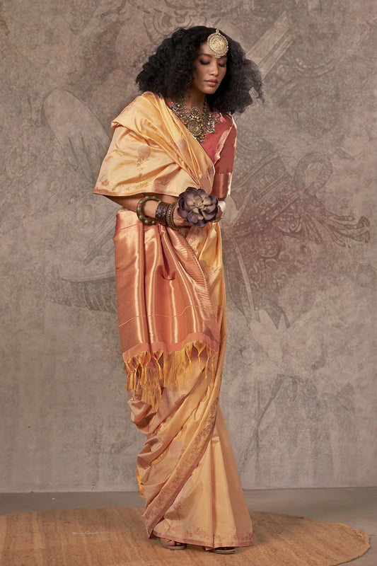 Beige color handloom silk saree for wedding