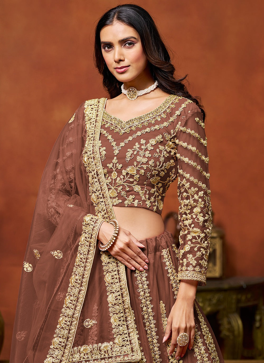 Brown color net lehenga choli for wedding