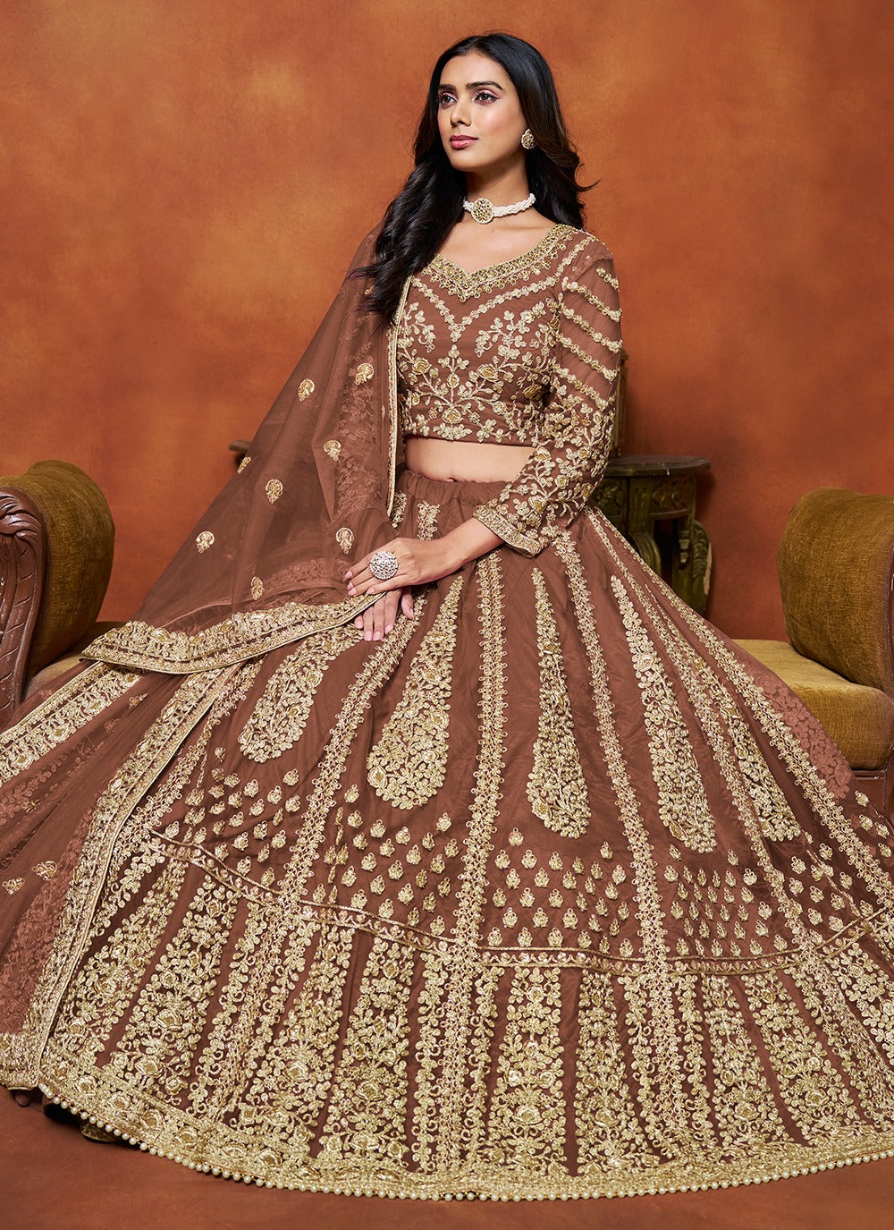 Brown color net lehenga choli for women with online shopping
