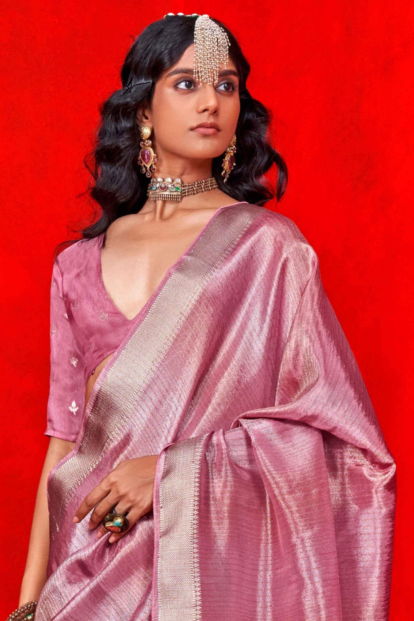 Pink color viscose tissue saree for women