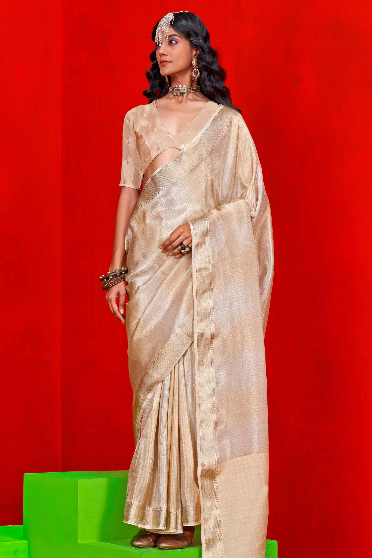 Beige color viscose tissue saree for women online