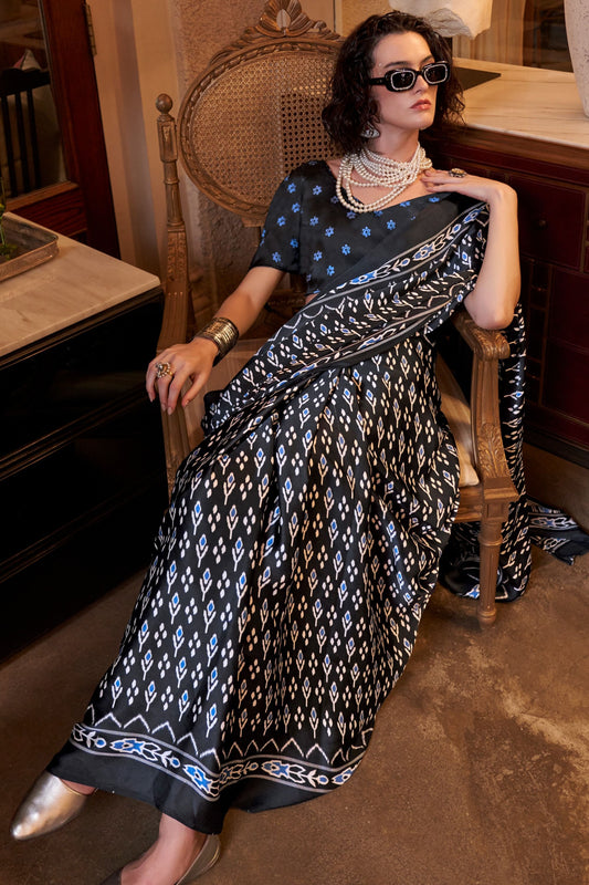 Black color satin crepe patola printed saree for women online