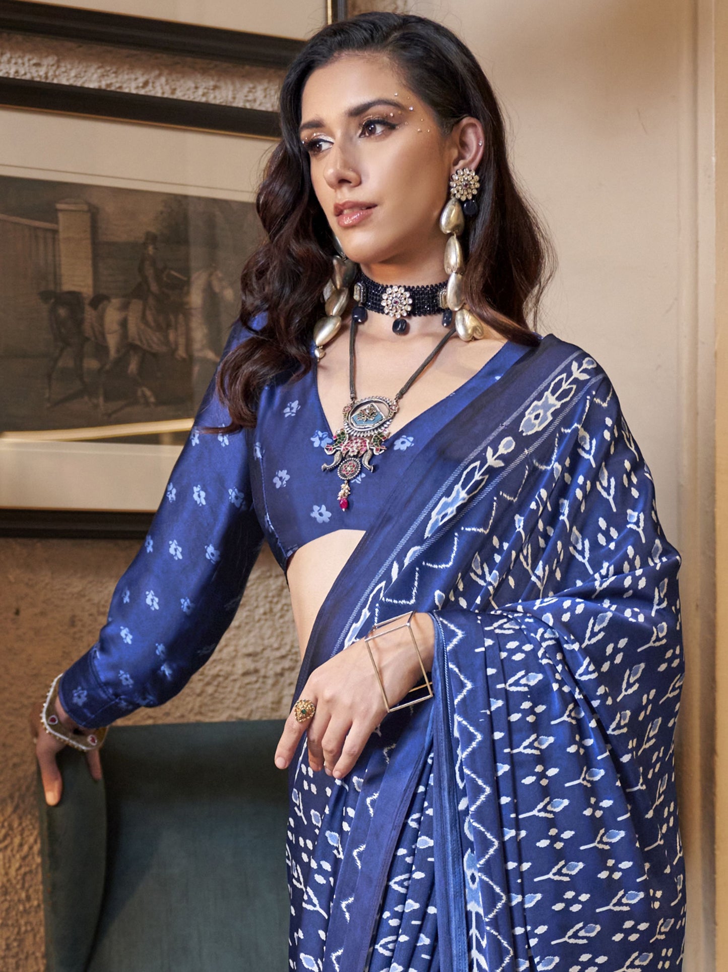 Blue color satin crepe saree with blouse