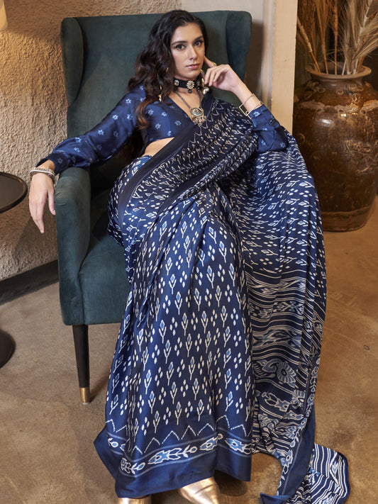 Blue color satin crepe saree for wedding