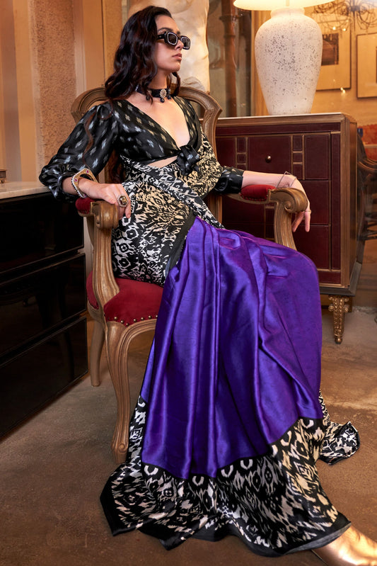 Purple color satin crepe patola printed saree online shopping