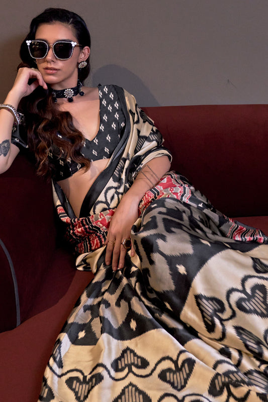 Multi color satin crepe printed design saree for women online