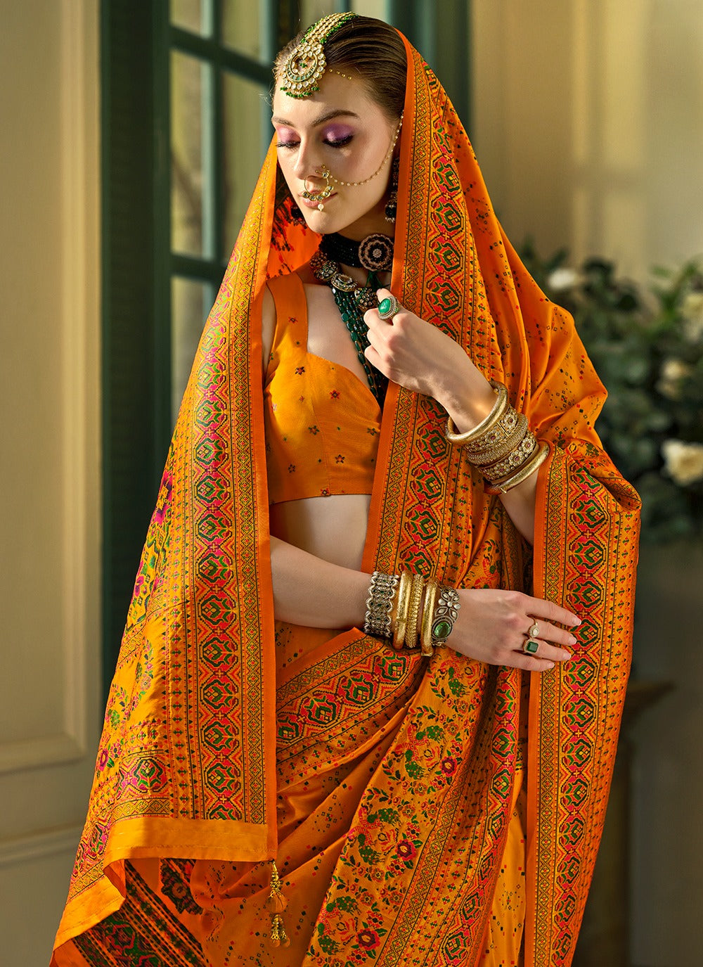 Orange color banarasi silk saree images