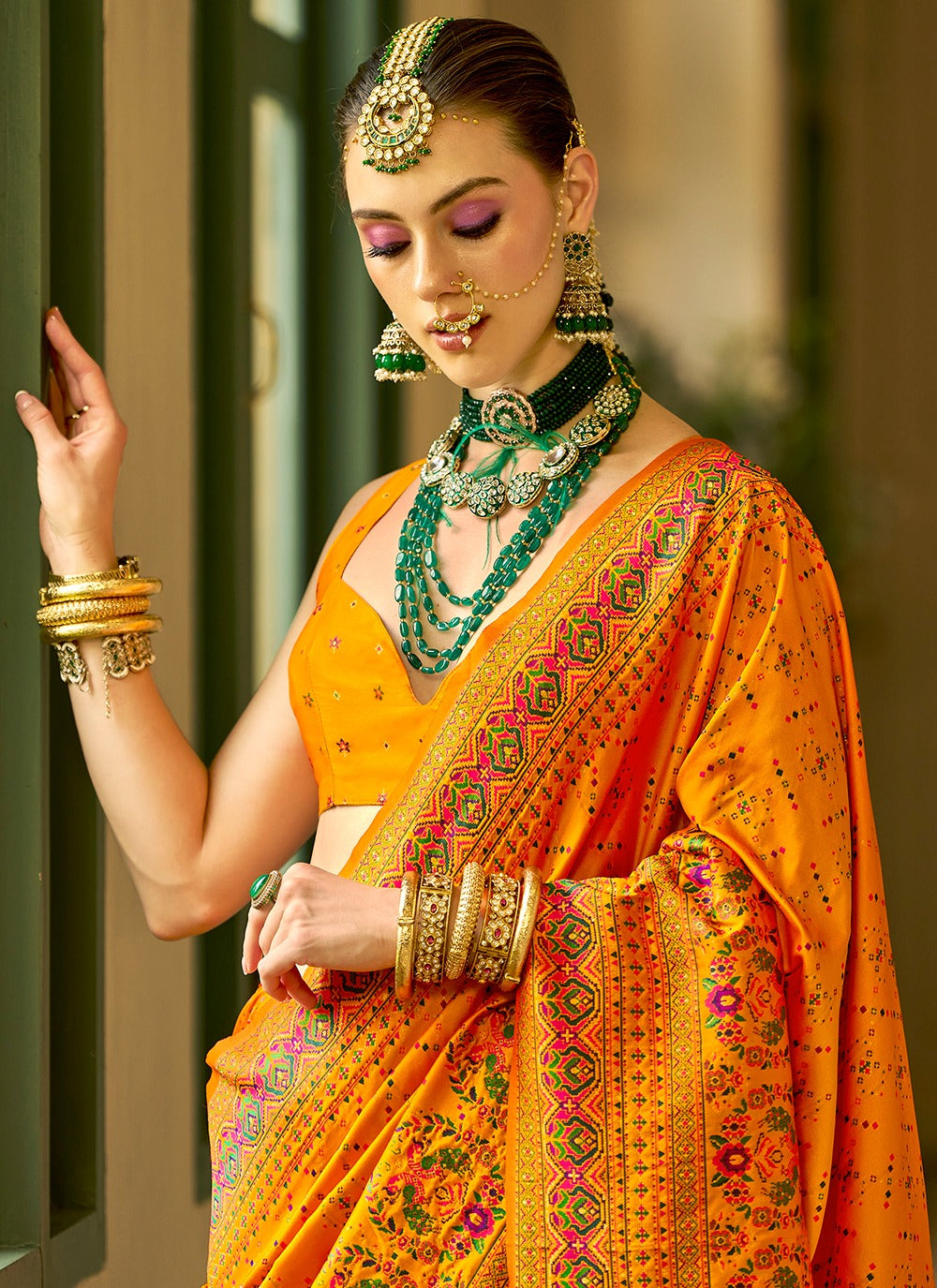 Orange color banarasi silk saree design