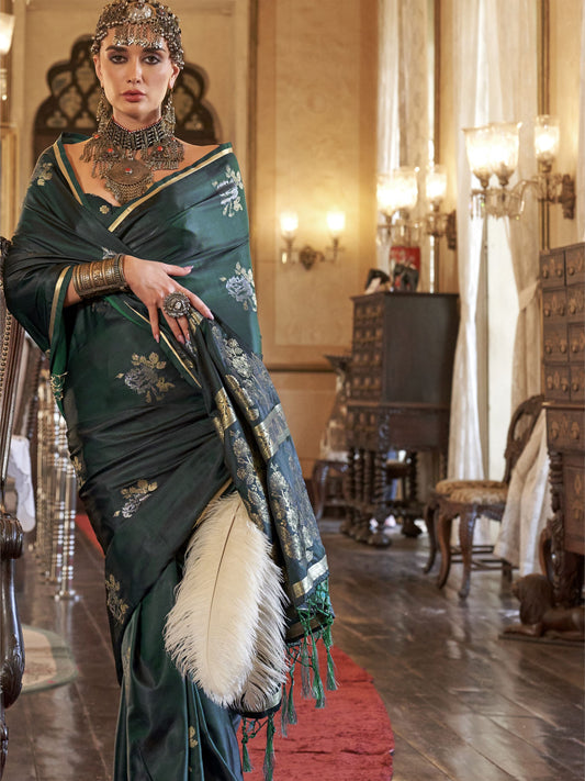 Green color satin handloom silk saree for women