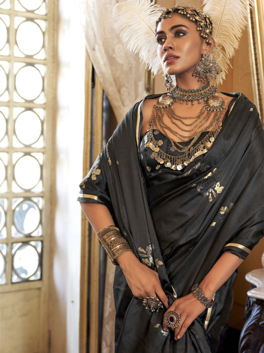 Black color satin handloom silk weaving saree with blouse