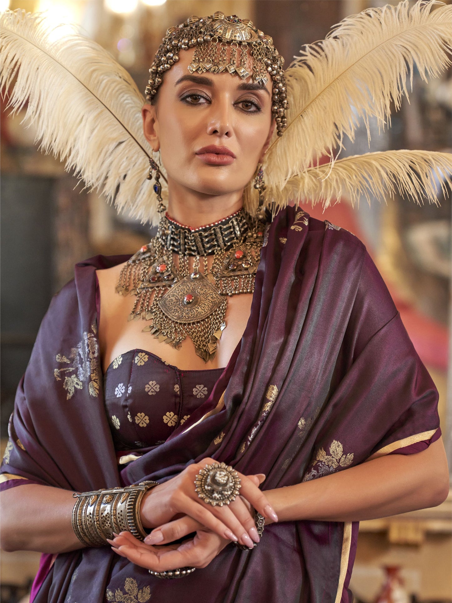 Purple color satin handloom silk saree for women online