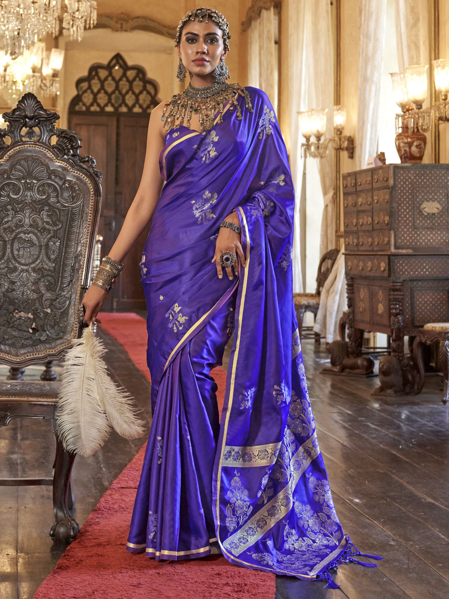 Engagement Wear Violet Color Satin Handloom Silk Wedding Saree