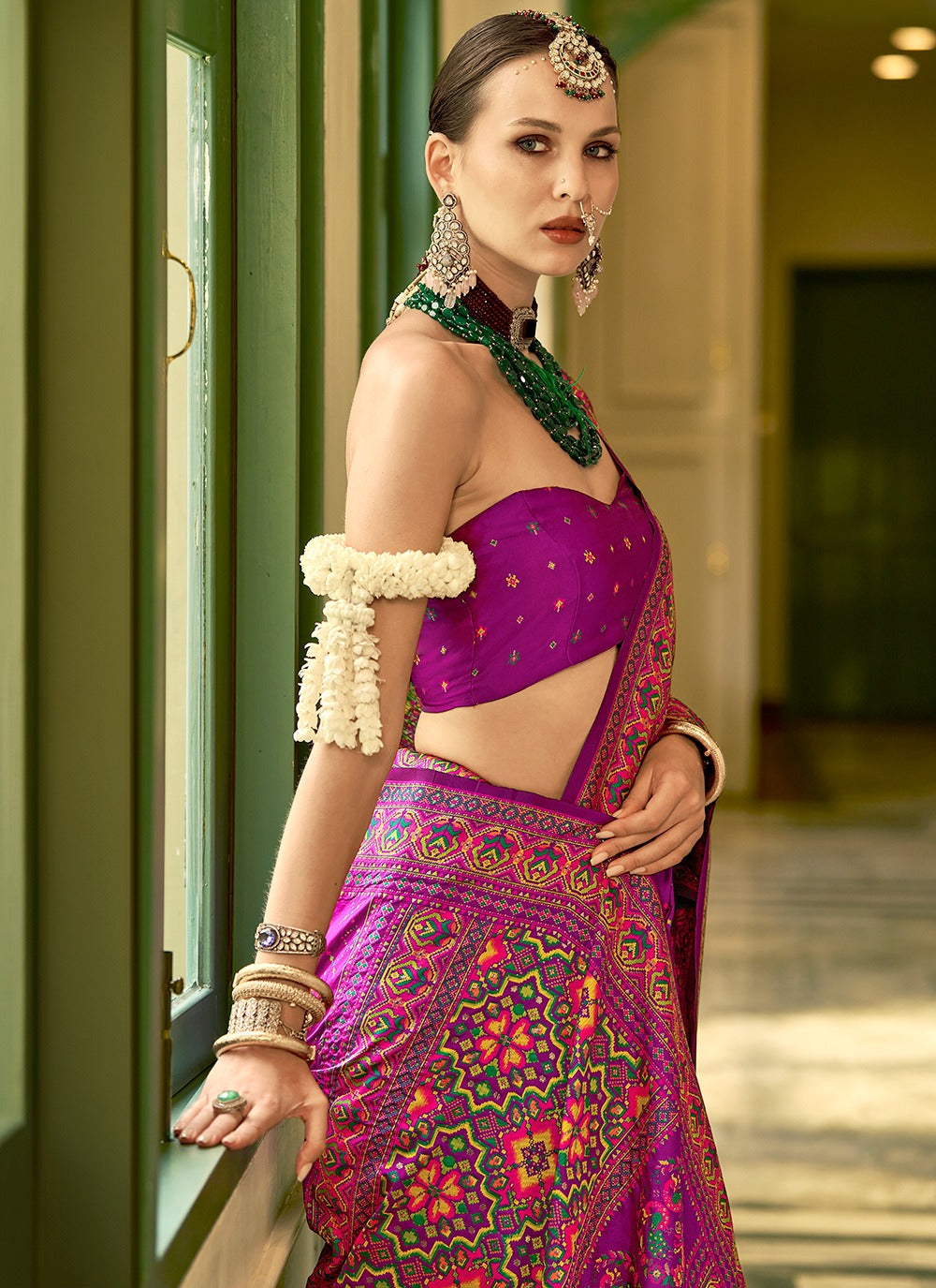 Pure pink color banarasi silk saree design look