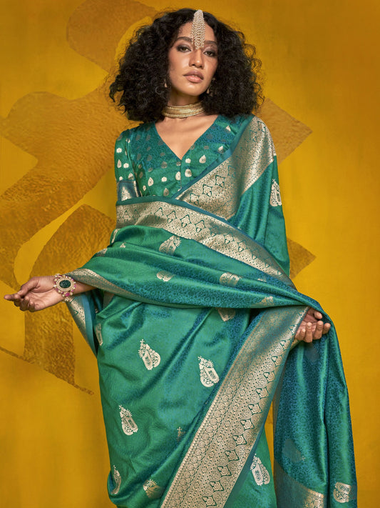 Teal green color handloom silk saree for wedding