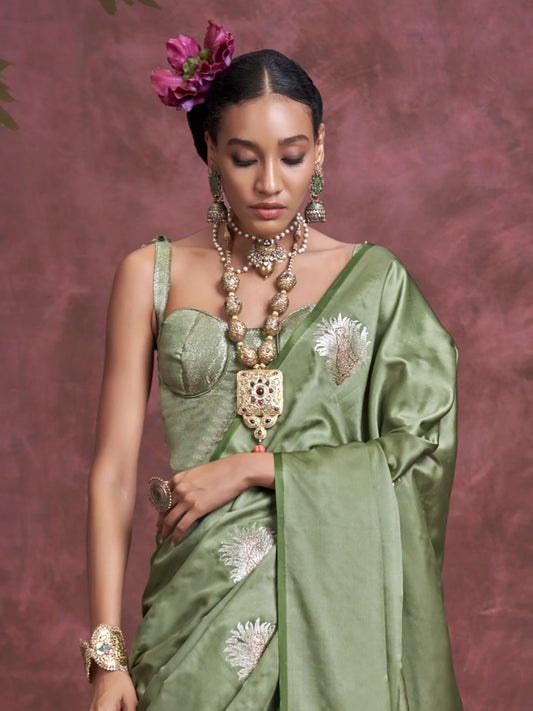 Green color satin silk weaving saree for wedding