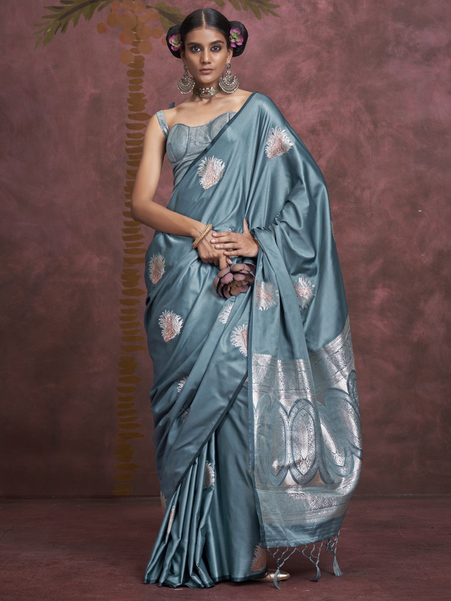 Teal blue color satin silk saree for women