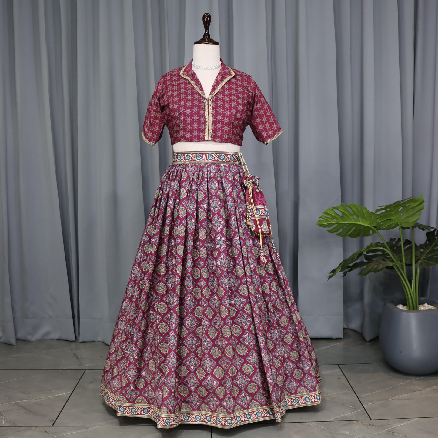 Wine color silk crepe lehenga choli price